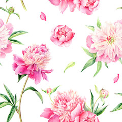 Summertime garden flowers Peonies watercolor vector seamless pattern. Beautiful hand drawn texture.