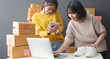 © sutthinon602 - Startup small business owner working with computer at workplace. Freelance two woman seller check product order. Packing goods for delivery to customer. Online selling. E-commerce. Online Shopping