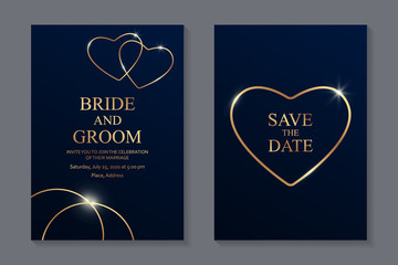 Wall Mural - Wedding invitation design or greeting card templates with golden hearts and rings on a dark blue background.