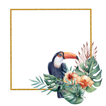 Beautiful Gold Square Frame With Watercolor Tropical Leaves And Flowers And Toucan