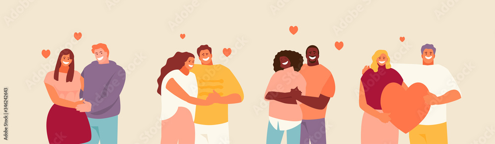 Loving hugging couples set. Valentine day vector illustration - obrazy, fototapety, plakaty 
