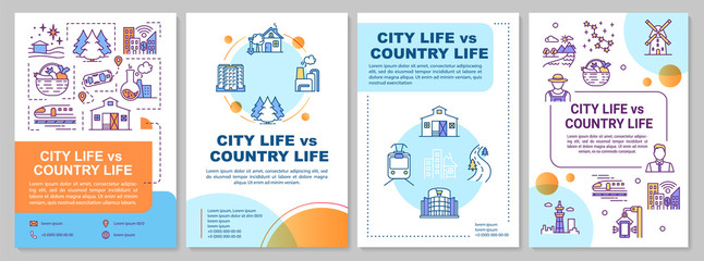 Wall Mural - City life vs country life brochure template. Urban and rural lifestyle. Flyer, booklet, leaflet print, cover design with linear icons. Vector layouts for magazines, annual reports, advertising posters