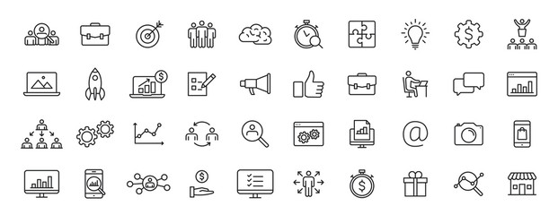 Set of 40 Management web icons in line style. Media, teamwork, business, planning, strategy, marketing. Vector illustration.