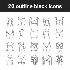 Wall Mural - Lingerie black line icons set. Category of women's clothing including at least undergarments, sleepwear and lightweight robes. Pictogram for web page, mobile app, promo. Editable stroke.