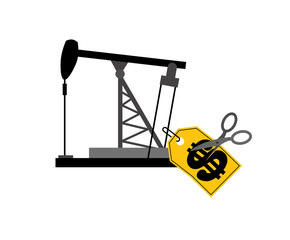 Wall Mural - Oil rig Price tag and scissors. Oil price decline. Cutting prices illustration. Discount price reduction