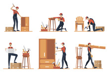 Furniture Assembly Concept Illustration. Workers Of Manufacture With Professional Tools. Help From Furniture Store Professional. Flat Cartoon Vector Illustration