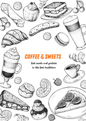 Wall Mural - Coffee shop menu design. Hand drawn sketch illustration. Coffee and desserts. Cafe menu elements. Desserts for breakfast.