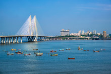Mumbai Skyline Bandra - Worli Sea Link Bridge With Fishing Boats View From Bandra Fort. Mumbai, Maharashtra, India