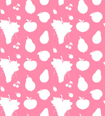 Wall Mural - Vector seamless pattern of white sketch fruit and berries silhouette isolated on pink background