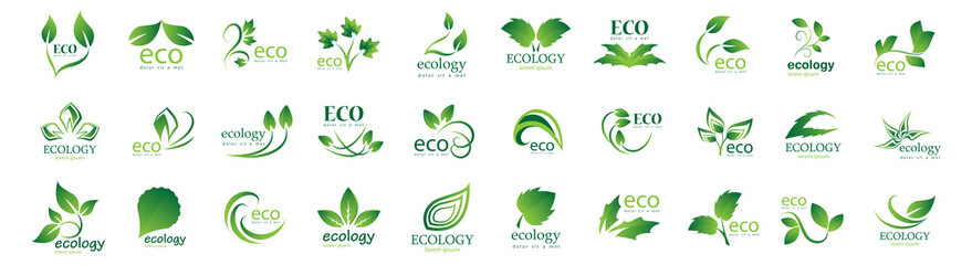 Wall Mural - Collection Of Eco And Organic Logo Set - Isolated On White Background - Vector. Eco And Organic Logo Useful For Leaf Icon, Ecology Logo, Eco Symbol And Template Design. Ecology Tree Icons