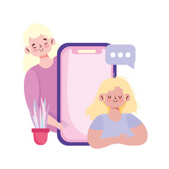 Sticker - people communication and technology, girls with smartphone chatting bubble