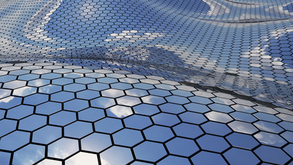 Futuristic wavy chrome surface hexagon sky reflection realistic 3D Rendering