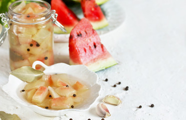 Canvas Print - Pickled Watermelon Rind. marinated  watermelon. recipes from watermelon. concept of nutrition without waste. conservation and stocks for the winter.