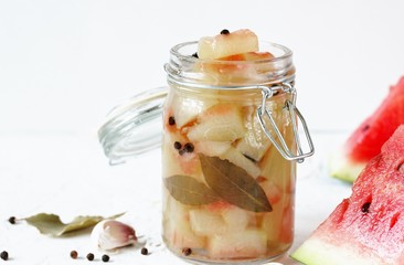 Poster - Pickled Watermelon Rind. marinated  watermelon. recipes from watermelon. concept of nutrition without waste. conservation and stocks for the winter.