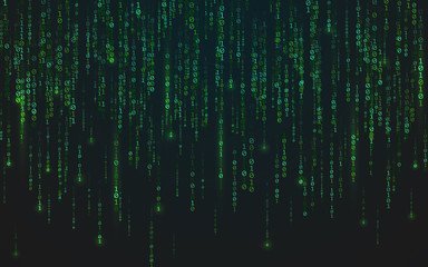 Wall Mural - Binary matrix background. Green falling digits. Running bright numbers. Abstract data stream. Futuristic code backdrop. Cyber system concept. Vector illustration