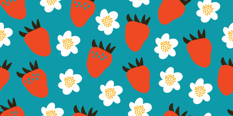 Wall Mural - summer seamless pattern with strawberries, flowers