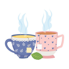 Tea Time, Cups Of Tea With Tea Bags Herbal Leaf Fresh Drink