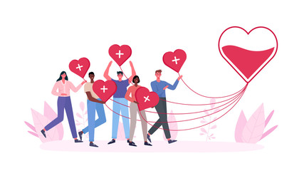 Volunteers woman and man donating blood. Blood donor charity. World Blood Donor Day, Health Care.People are holding hearts. For banner, poster, card, web, landing page.Flat cartoon vector illustration