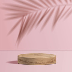 Wall Mural - minimal scene with geometric forms. cylinder wood podium in pink background with shadow leave. Scene to show cosmetic product, Showcase, shopfront, display case. 3d vector illustration.