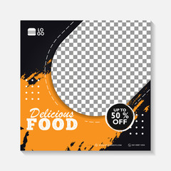 Editable minimal square banner post template. Black, yellow, orange background layout template for food and drink business. Suitable for social media post and web internet ads. Vector illustration