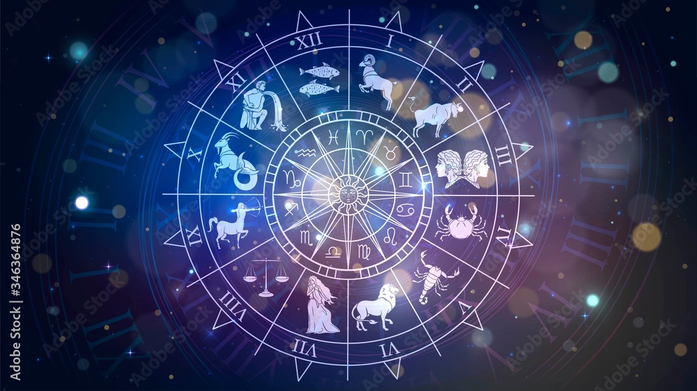 Zodiac signs revolve around the moon in space, astrology and horoscope - obrazy, fototapety, plakaty 