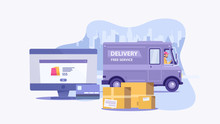 Flat Cartoon Purple Delivery Van Vehicle With Driver Or Courier And Laptop Or PC On Background With City. Free Delivery Online Shopping Concept. Element For Some Quarantine Banner. Vector Illustration