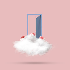 Wall Mural - Minimal conceptual image of blue open door with white cloud and present boxes on pink background. 3D rendering