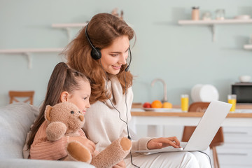 Sticker - Working mother with little daughter at home