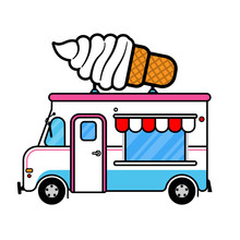 Ice Cream Food Truck With Big Sundae Signs On Roof Top Flat Design Cartoon Vector
