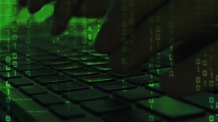 Cyber hacker attack data secure in spy typing on laptop keyboard at work with graphic user  interface around