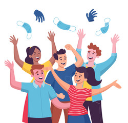 Group of five people celebrating the end of the Covid 19 Quarantine Pandemic, throwing up their sanitary masks and gloves. Cartoon vector illustration.