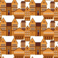 Wall Mural - Old town architecture, vintage buildings seamless pattern vector