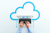 Fototapeta  - Cloud computing technology. Business man using laptop. Upload and download files.