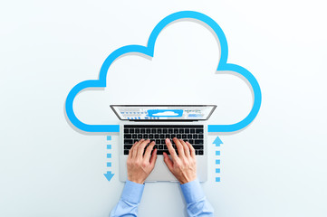 Aufkleber - Cloud computing technology. Business man using laptop. Upload and download files.