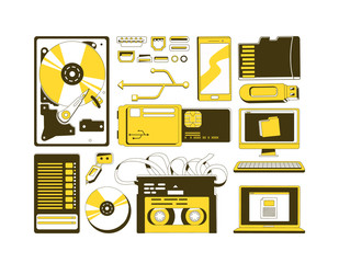 Wall Mural - data storage devices yellow linear objects set. storage media thin line symbols pack. modern and old