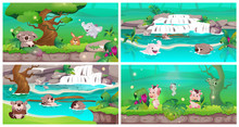 Jungle Flat Color Vector Illustrations Set. Cute Animal Babies Swim In Clear Water. Wildlife Sanctuary. Conservation With Exotic Nature. Rainforest Oasis. Tropical Forest 2D Cartoon Landscape