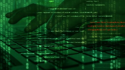 Cyber hacker attack data secure in spy typing on laptop keyboard at work with graphic user  interface around
