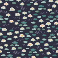 Lake Seamless Pattern Design With Water Lily Flowers And Leaves, Vector Repeating Background For Kids Products Design. Cute Baby Repeating Background For Fabric, Textile, Nursery Room Decor,wallpaper,