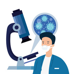 Poster - doctor with microscope and particles covid 19 vector illustration design