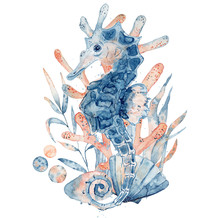 Watercolor Illustration Of Seahorse In Blue Color With Floral Composition Isolated On White Background