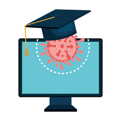 Canvas Print - education online by computer with hat graduation and particle covid 19 vector illustration design