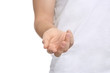 © New Africa - Man extending hand on white background, closeup