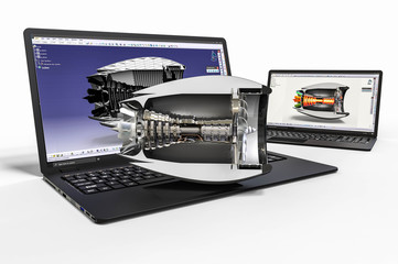 3D render image representing an airplane engine development with the help of a computer software 