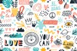 © Good Studio - Different hand drawn design elements animals, plants, symbols and handwritten slogans seamless pattern. Various colorful phrases and inscriptions on white. Vector flat illustration in doodle style