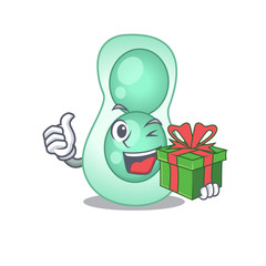 Wall Mural - Smiling serratia marcescens cartoon character having a green gift box