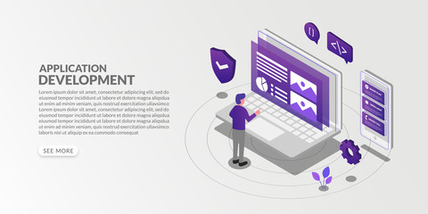 Mobile application development in isometric style, UX UI design concept