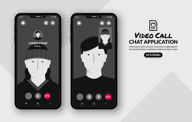 Video call application template, realistic social media mobile application mockup