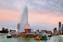 Buckingham Fountain And Chicago Downtown At Sunset,  Chicago, Illinois, USA.