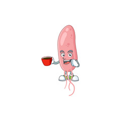 Wall Mural - An image cartoon character of vibrio cholerae with a cup of coffee