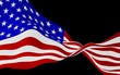 © Plastic man - Waving flag of the United States of America on a dark background. Stars and Stripes. State symbol of the USA. 3D illustration